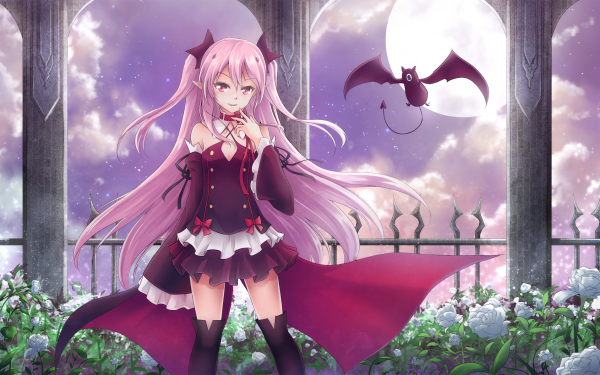 Anime Seraph of the End Krul Tepes Pink Hair Pink Eyes Smile Dress Vampire Long Hair Pointed Ears Flower Fence Thigh Boots Moon Collar Twintails HD Wallpaper | Background Image