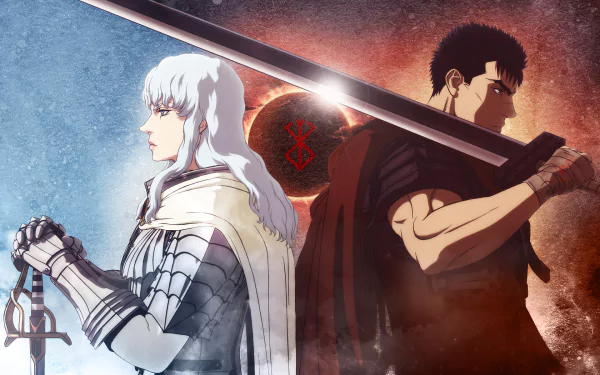 A striking HD desktop wallpaper featuring Guts and Griffith from the anime Berserk, showcasing their iconic poses against a dramatic background.