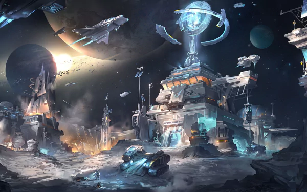HD PC desktop wallpaper depicting a detailed sci-fi space station with futuristic ships and machinery under a distant sun in outer space.