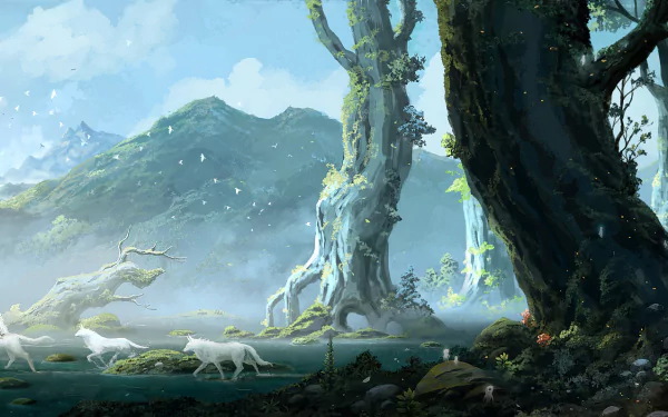 A serene landscape inspired by Princess Mononoke, featuring lush trees, misty mountains, and ethereal white wolves, creating a tranquil anime scene for a desktop wallpaper.