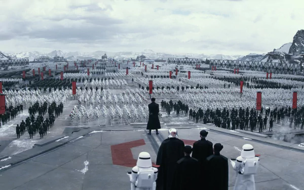 HD desktop wallpaper featuring a vast army of stormtroopers from Star Wars Episode VII: The Force Awakens, with leaders overlooking the formation under a cloudy sky.