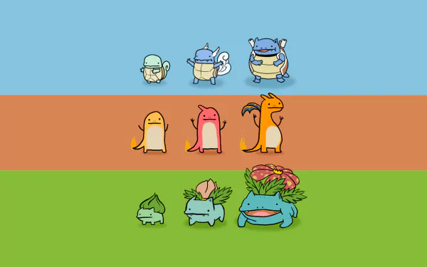 HD desktop wallpaper featuring starter Pokémon: Bulbasaur, Ivysaur, Venusaur, Charmander, Charmeleon, Charizard, Squirtle, Wartortle, and Blastoise in a colorful design.