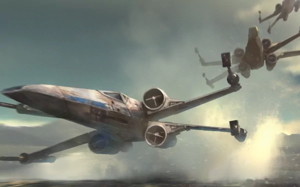 An HD wallpaper featuring X-Wing starfighters from Star Wars Episode VII: The Force Awakens soaring through a dramatic sky, showcasing dynamic action and stunning visuals.