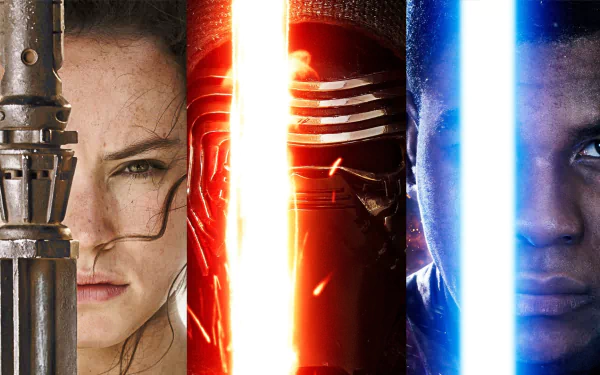HD wallpaper featuring Daisy Ridley as Rey, John Boyega as Finn, and Kylo Ren from Star Wars Episode VII: The Force Awakens, showcasing iconic lightsaber elements.