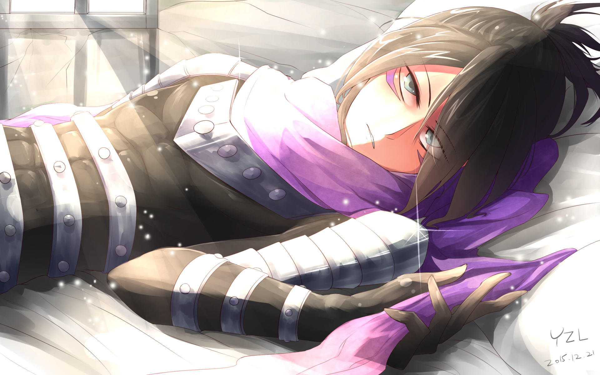 An anime character with black hair and blue eyes, dressed in ninja armor and a purple scarf, lounges on a bed, bathed in sunshine, from One-Punch Man. HD wallpaper.