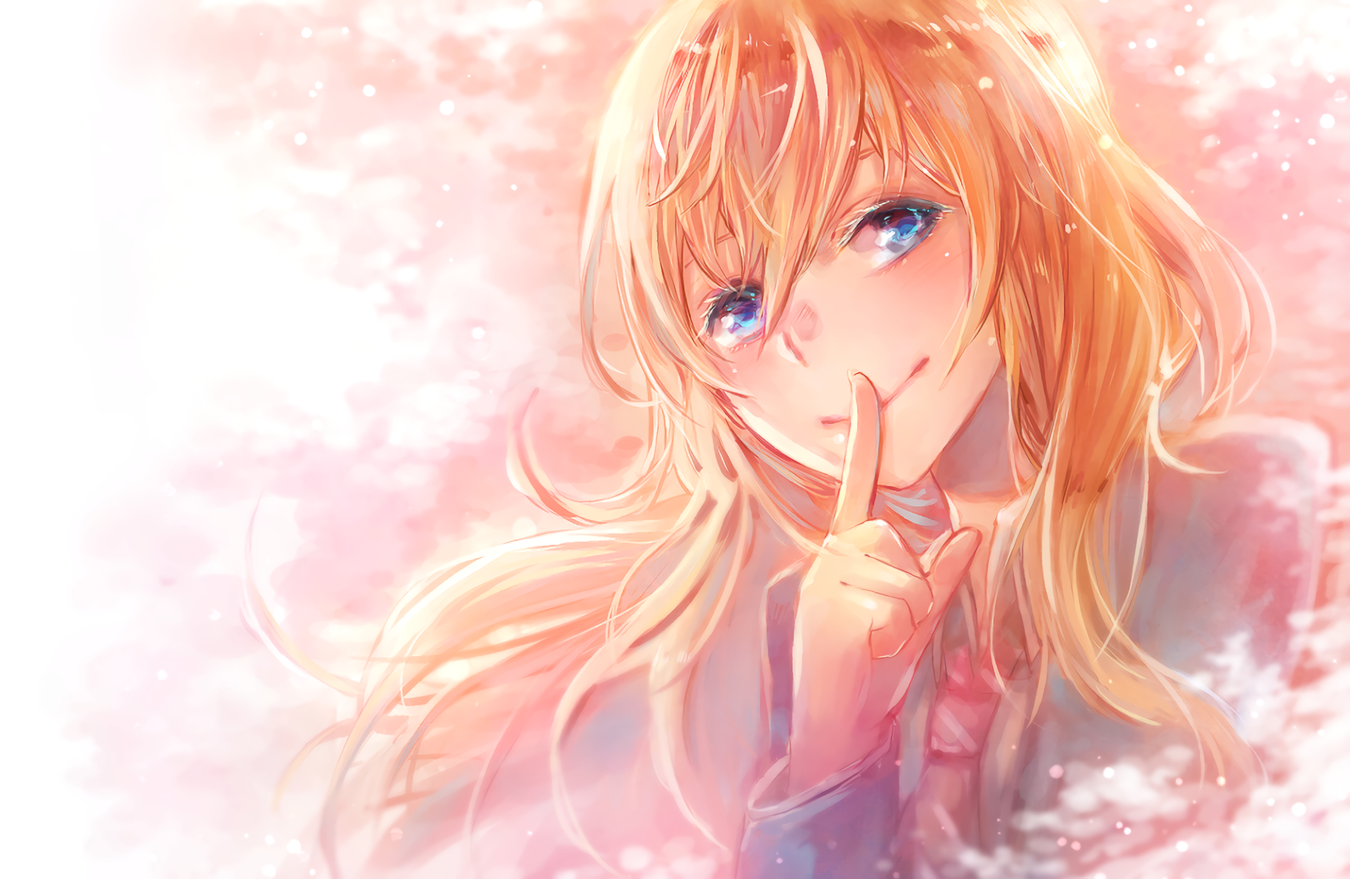 A vibrant HD wallpaper featuring Kaori Miyazono from the anime Your Lie in April, capturing her playful expression and flowing blonde hair against a soft, pink background.