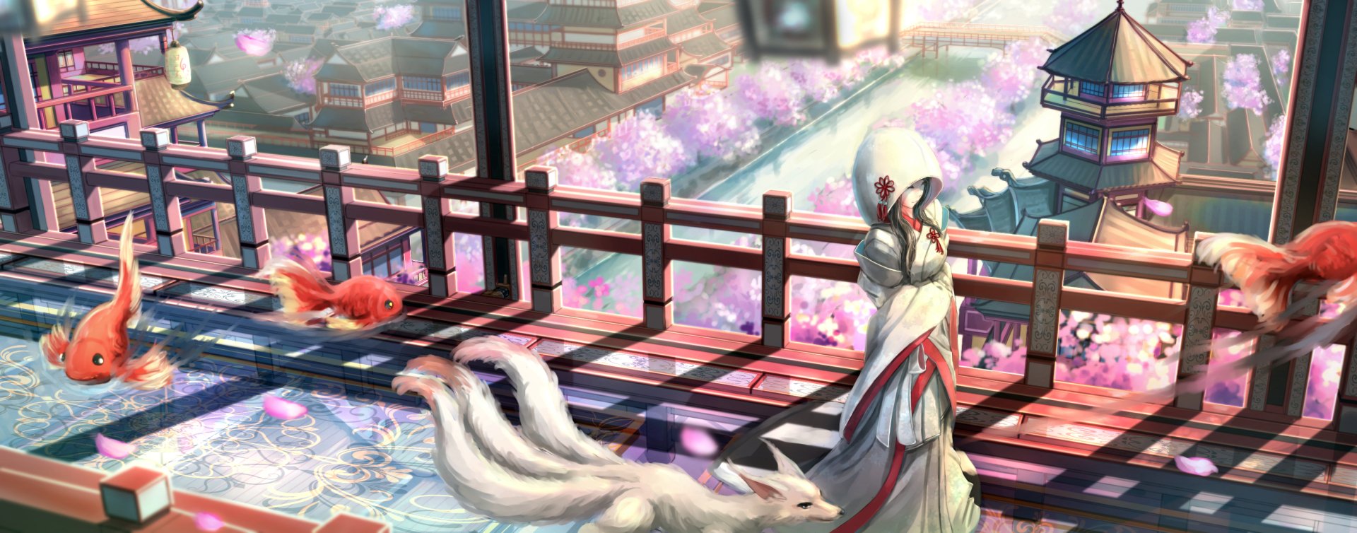 A serene HD wallpaper featuring a hooded figure beside a glowing fox and koi fish, set against a vibrant cherry blossom cityscape in an enchanting anime style.