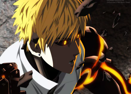 HD desktop wallpaper featuring Genos from One-Punch Man, capturing his intense expression and striking mechanical features against a dramatic background.