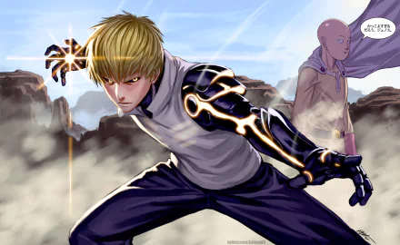 Dynamic HD wallpaper featuring Saitama and Genos from One-Punch Man, showcasing their intense battle-ready poses against a dramatic backdrop.