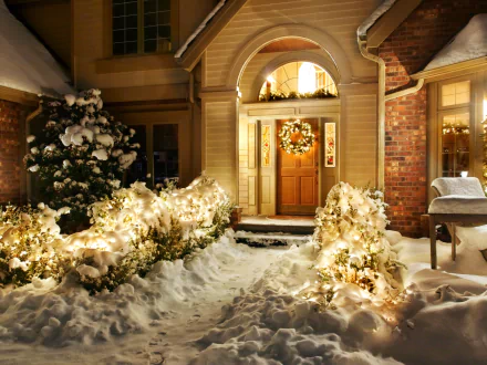 A cozy winter scene featuring a beautifully decorated door adorned with a wreath, surrounded by glowing Christmas lights and a snowy landscape, capturing the essence of the holiday spirit.