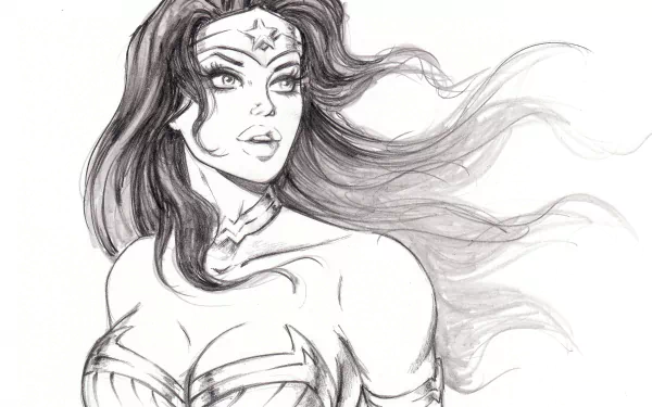 Comic-style black and white illustration of Wonder Woman with flowing hair, designed as a 4K Ultra HD PC desktop wallpaper and background.