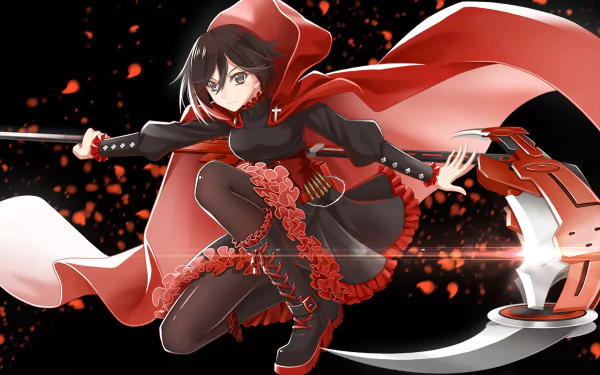 HD PC desktop wallpaper featuring Ruby Rose from the anime RWBY in a dynamic pose with her red cloak and weapon amid glowing red petals.