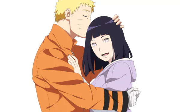 HD desktop wallpaper featuring anime characters Naruto Uzumaki and Hinata Hyuga from Naruto, embracing each other with a white background.