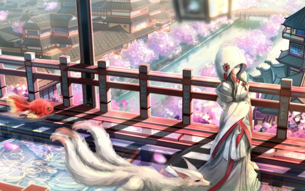 Anime Original Hood Renard Poisson Ville Sakura Blossom Fond d'écran HD | Image