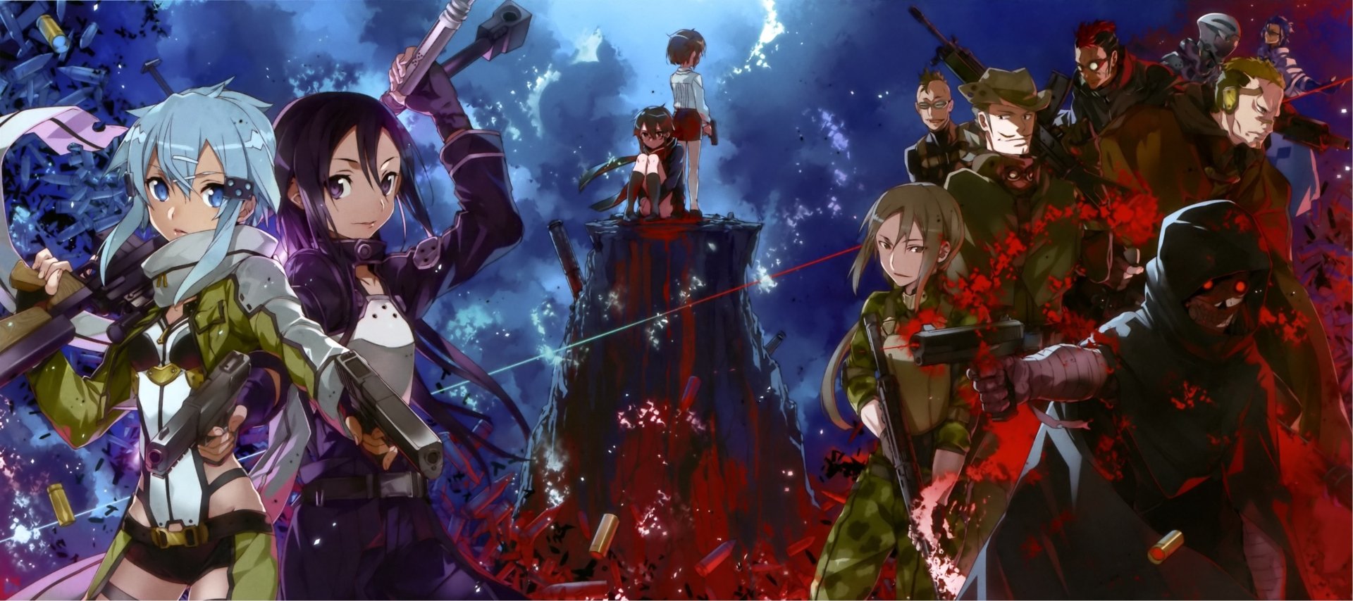 A dynamic scene from Sword Art Online II featuring Death Gun, Sinon, and Kirito, set against a dramatic background with vivid colors and action-packed elements. HD wallpaper for fans.