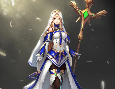 A detailed HD anime wallpaper featuring a blonde-haired character with green eyes, dressed in ornate armor and holding a staff, set against a dramatic background.