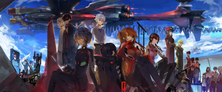 A vibrant HD wallpaper featuring characters Shinji Ikari, Kaworu Nagisa, Mari Makinami Illustrious, Asuka Langley Sohryu, and Rei Ayanami from 'Neon Genesis Evangelion: 3.0 You Can (Not) Redo.'