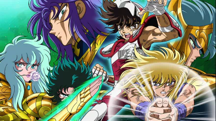HD desktop wallpaper featuring characters from Saint Seiya, including Aquarius Camus, Pisces Aphrodite, Capricorn Shura, and Gemini Saga, set against a vibrant backdrop.