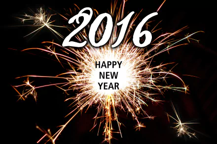 A vibrant 4K Ultra HD wallpaper featuring sparkling fireworks celebrating New Year 2016 with Happy New Year text at the center.