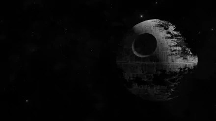 A dramatic HD wallpaper featuring the iconic Death Star from the Star Wars movie series, set against a dark, starry background.