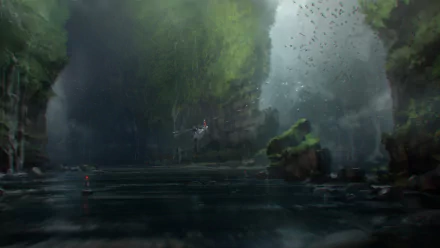 HD PC desktop wallpaper featuring a misty, lush Jurassic Park-inspired landscape with towering cliffs and dense greenery surrounding a calm water body.