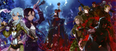 A dynamic scene from Sword Art Online II featuring Death Gun, Sinon, and Kirito, set against a dramatic background with vivid colors and action-packed elements. HD wallpaper for fans.