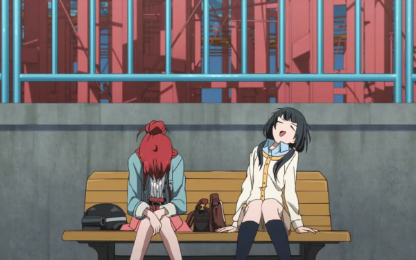 HD wallpaper featuring characters from Shirobako sitting on a bench with a backdrop of construction girders.
