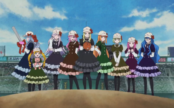 HD desktop wallpaper featuring the characters from Shirobako, standing together in a line on a baseball field.