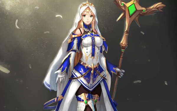 A detailed HD anime wallpaper featuring a blonde-haired character with green eyes, dressed in ornate armor and holding a staff, set against a dramatic background.