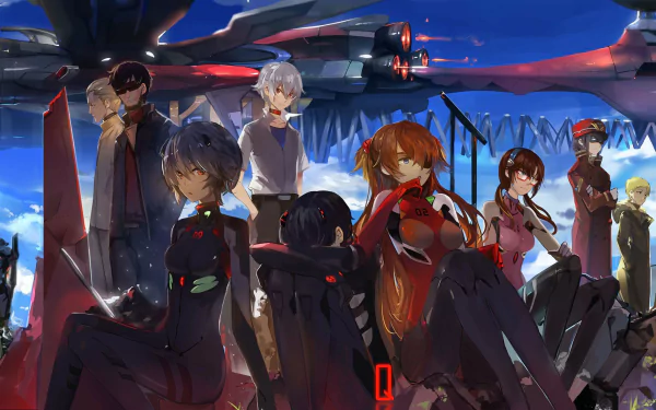 A vibrant HD wallpaper featuring characters Shinji Ikari, Kaworu Nagisa, Mari Makinami Illustrious, Asuka Langley Sohryu, and Rei Ayanami from 'Neon Genesis Evangelion: 3.0 You Can (Not) Redo.'