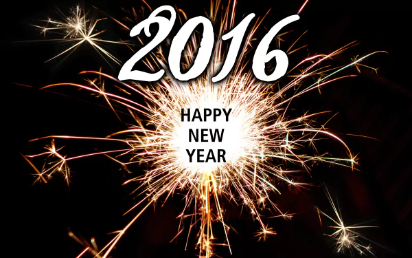 A vibrant 4K Ultra HD wallpaper featuring sparkling fireworks celebrating New Year 2016 with Happy New Year text at the center.