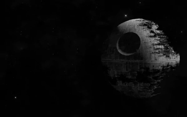A dramatic HD wallpaper featuring the iconic Death Star from the Star Wars movie series, set against a dark, starry background.