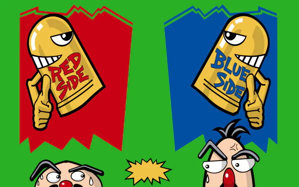 HD PC desktop wallpaper featuring cartoon bullet characters representing red and blue teams from the Point Blank video game, set against vibrant red and blue banners.