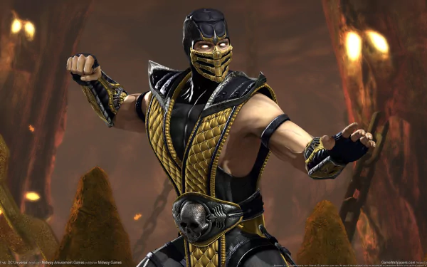 Scorpion from Mortal Kombat poses in an intense stance, showcasing his iconic black and yellow outfit in this HD wallpaper for Mortal Kombat Vs. DC Universe.