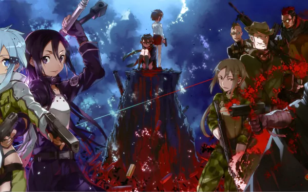 A dynamic scene from Sword Art Online II featuring Death Gun, Sinon, and Kirito, set against a dramatic background with vivid colors and action-packed elements. HD wallpaper for fans.