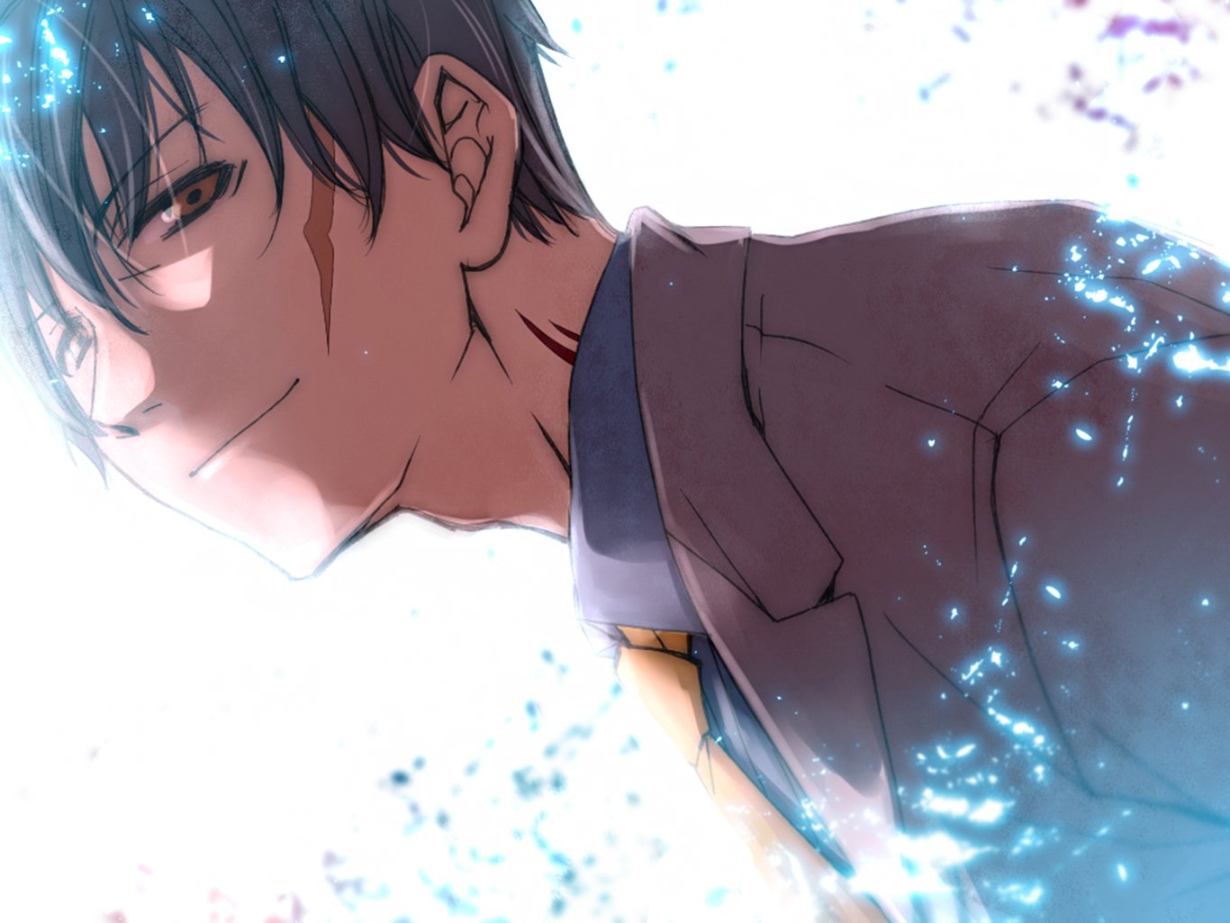 Steven A. Starphase from Blood Blockade Battlefront smirks in a close-up anime portrait surrounded by glowing blue particles — HD PC desktop wallpaper/background.