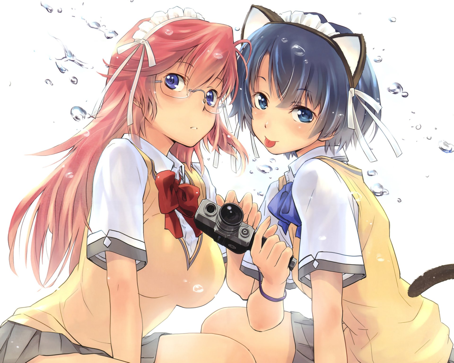 HD anime wallpaper featuring Kanna Tanigawa with pink hair and blue eyes and Ichika Takatsuki with blue hair, from Waiting in Summer (Waiting In Summer) series.