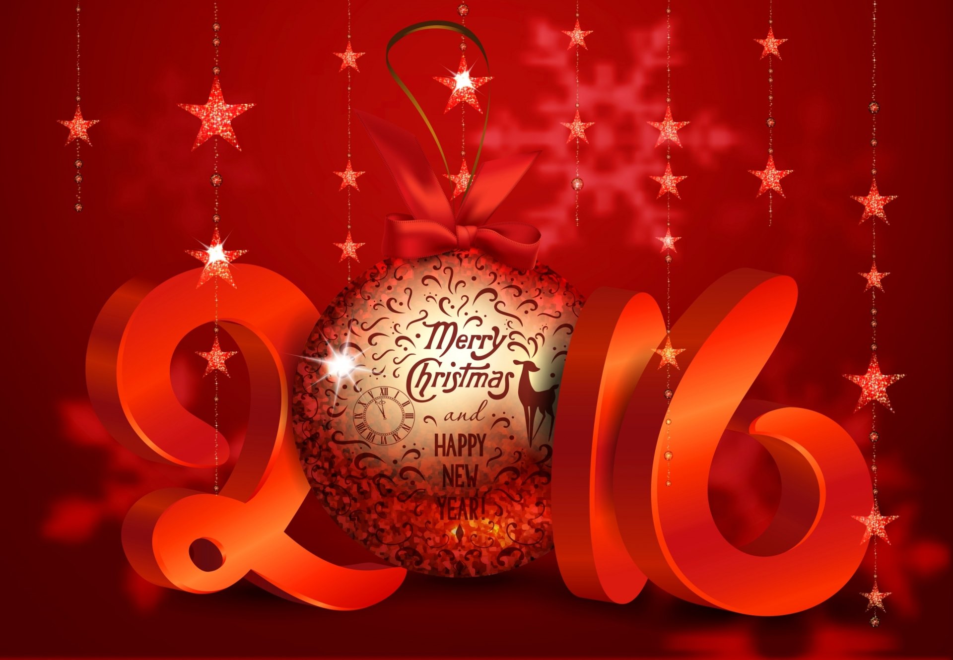 Vibrant red 2K Quad HD PC desktop wallpaper and background featuring decorative 2016 digits, a Merry Christmas ornament, hanging stars and ribbons celebrating the holiday and New Year 2016.
