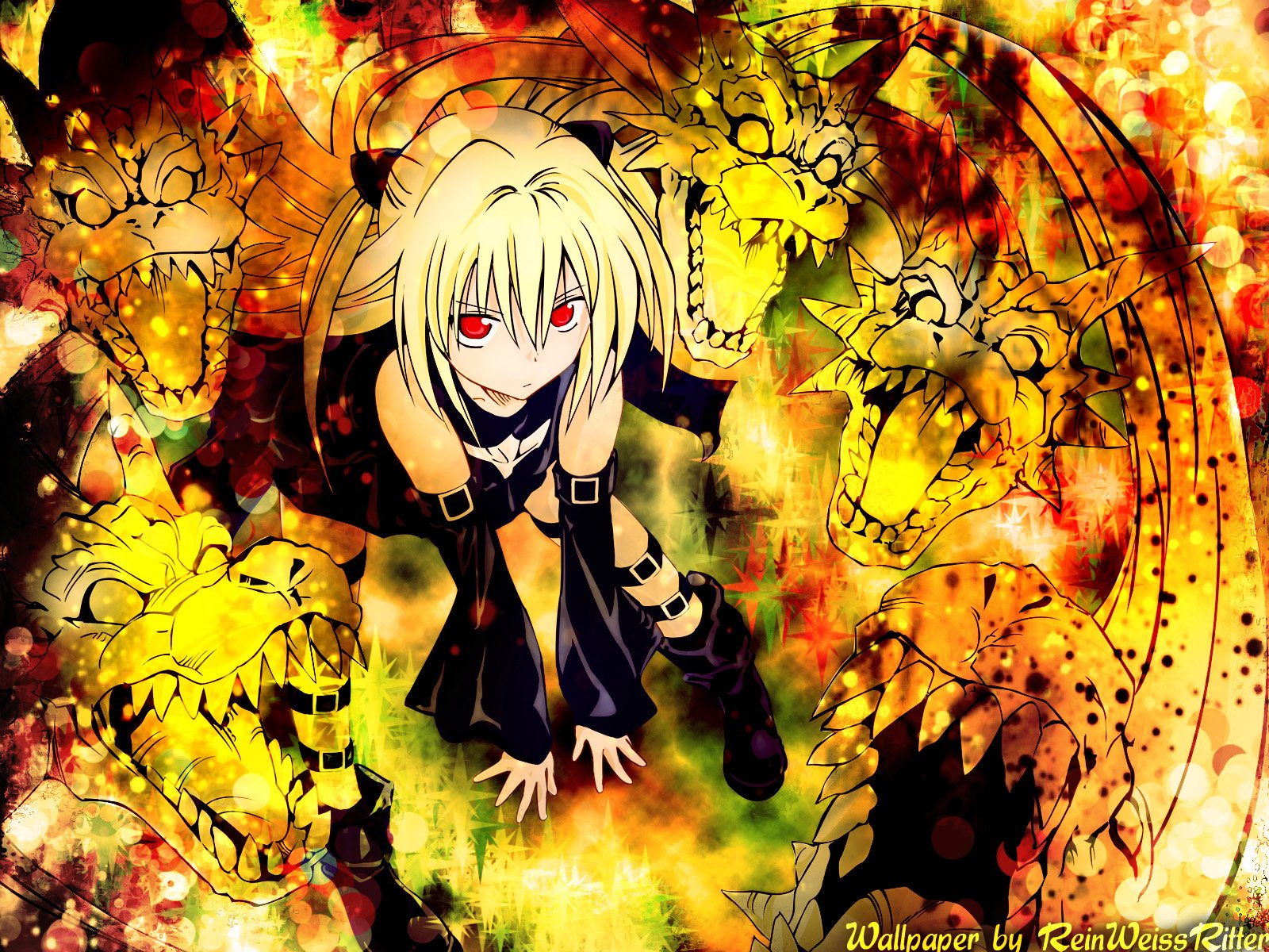 A striking HD wallpaper featuring Golden Darkness, the blonde assassin with red eyes and short hair, surrounded by fierce dragon heads, set against a vibrant, dramatic background.