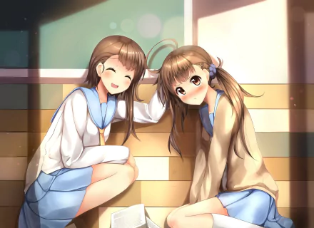 Anime-themed HD wallpaper featuring Kosaki Onodera and Haru Onodera from Nisekoi, showcasing them in a warm and playful moment, exuding friendship and joy.