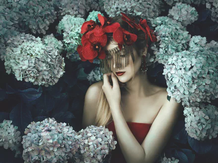 A blonde woman with red lipstick and floral earrings poses surrounded by blue hydrangeas, wearing a red flower crown that blends with her dress in this HD desktop wallpaper.