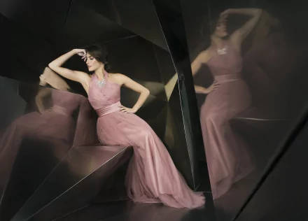 A brunette woman in a flowing pink dress poses thoughtfully, her reflection captured in glossy dark panels, creating a moody and elegant HD desktop wallpaper.