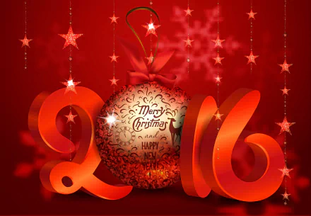 Vibrant red 2K Quad HD PC desktop wallpaper and background featuring decorative 2016 digits, a Merry Christmas ornament, hanging stars and ribbons celebrating the holiday and New Year 2016.