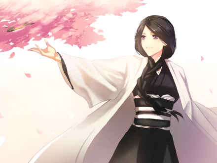 A serene HD wallpaper featuring Unohana Retsu from Bleach, showcasing her long black hair as she reaches out to floating cherry blossom petals against a soft background.