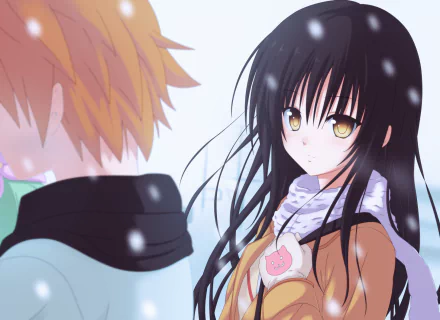A beautiful HD desktop wallpaper featuring Rito Yuuki and Yui Kotegawa from *To Love-Ru*, set against a serene snowfall backdrop, showcasing Yui's long black hair and golden eyes.