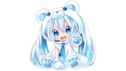 Chibi Hatsune Miku with blue hair and twintails, wearing a cute teddy bear hood, featuring as an HD anime desktop wallpaper and background.