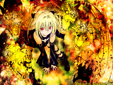 A striking HD wallpaper featuring Golden Darkness, the blonde assassin with red eyes and short hair, surrounded by fierce dragon heads, set against a vibrant, dramatic background.