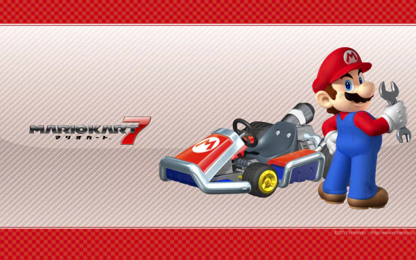 Video game HD PC desktop wallpaper of Mario Kart 7: Mario holding a wrench beside a blue-and-red kart, game logo on the left and red patterned borders.
