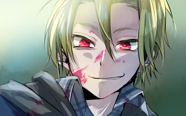 An intense anime wallpaper featuring the King of Despair from Blood Blockade Battlefront, showcasing a character with striking red eyes and a confident, eerie smile.