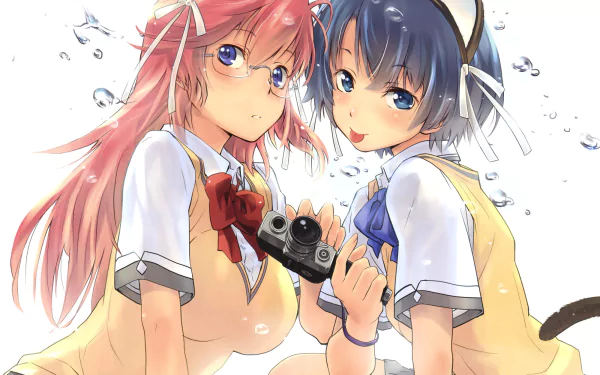 HD anime wallpaper featuring Kanna Tanigawa with pink hair and blue eyes and Ichika Takatsuki with blue hair, from Waiting in Summer (Waiting In Summer) series.